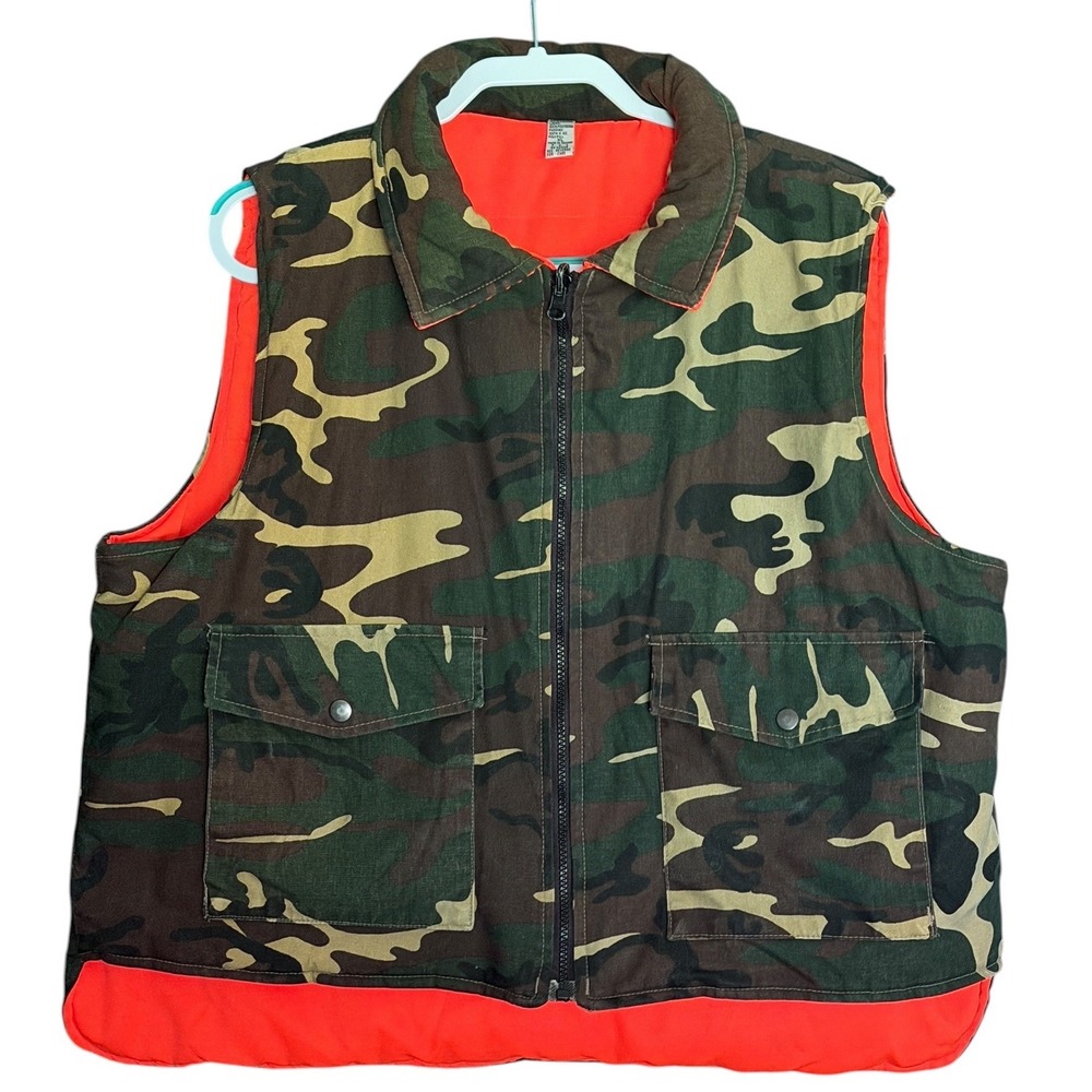 Vintage 80s Sports Afield XL Reversible Hunting Vest Camo Blaze Orange Puffer